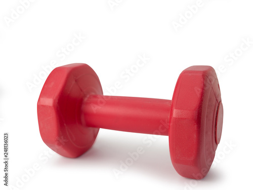 Red dumbbell for fitness on white background. (clipping path)