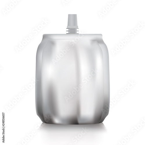 Blank foil sachet plastic doypack stand up with cap for food or drink isolated on white background.