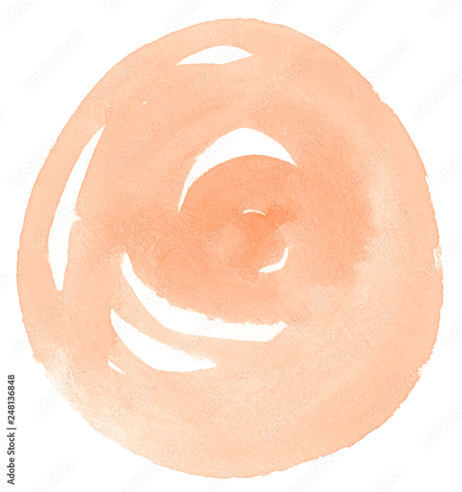 Fototapeta premium Light orange watercolor hand-drawn isolated wash stain on white background for text, design. Abstract texture made by brush for wallpaper, label.