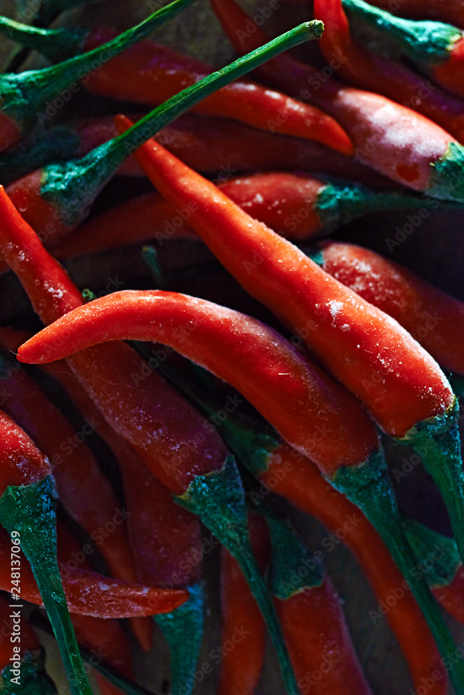 Close up of frozen red chillies