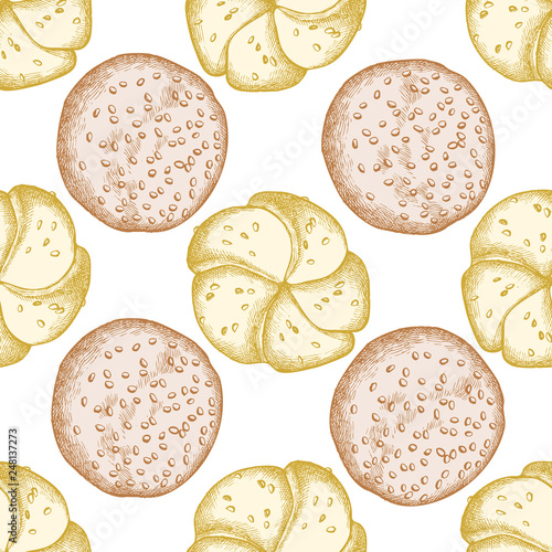 Seamless pattern with hand drawn pastel buns and bread