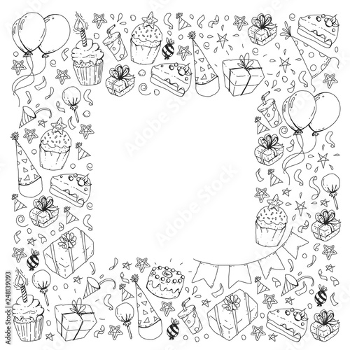 Birthday party. Pattern for invitations, banners, templates.