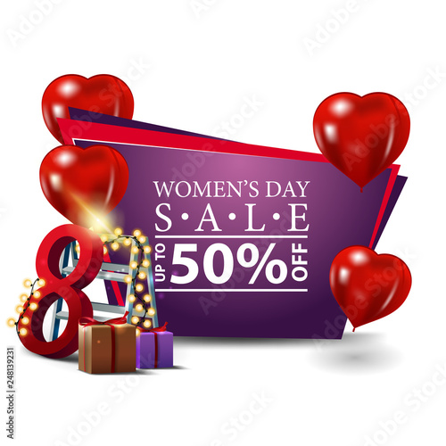 Women's day modern discount banner with heart-shaped balloons, gifts and garland