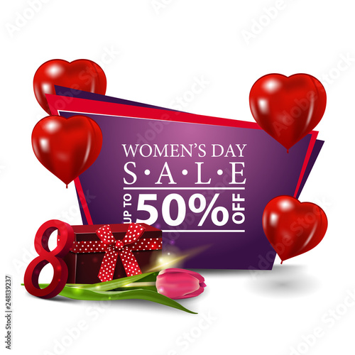 Women's day modern discount banner with heart-shaped balloons, gift and Tulip
