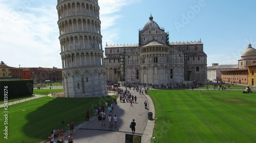 Aerial shot of the tower of Pisa in the ensemble of Santa Maria Assunta in the city of Pisa in Italy