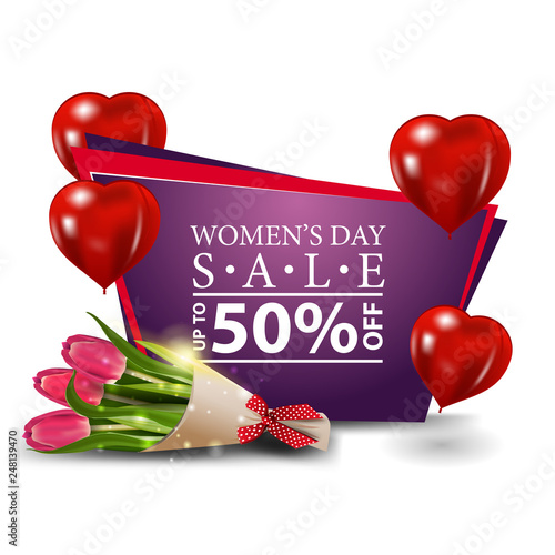 Women's day modern discount banner with heart-shaped balloons, bouquet of tulips