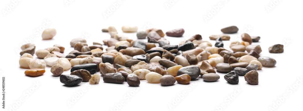 Colorful decorative pebbles, rocks isolated on white background - obrazy, fototapety, plakaty 