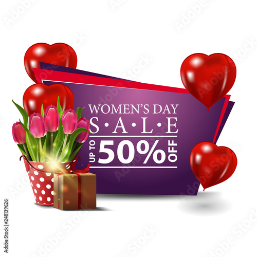 Women's day modern discount banner with heart-shaped balloons, bucket with tulips and gift