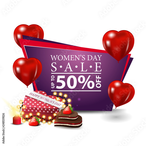 Women's day modern discount banner with heart-shaped balloons, gift in the shape of a heart