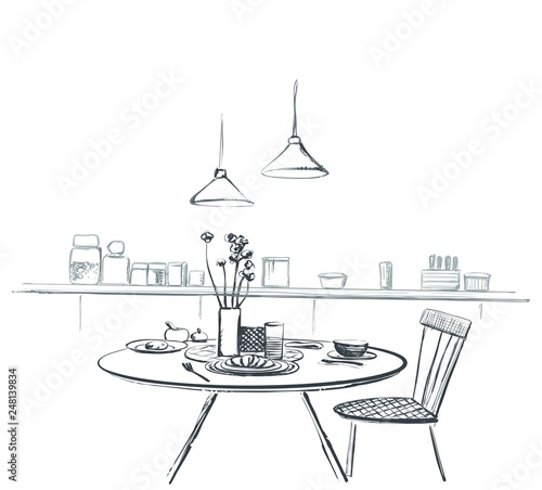 Interior hand-drawn sketch. Kitchen with a table, tableware, four chairs, window, cupboard.