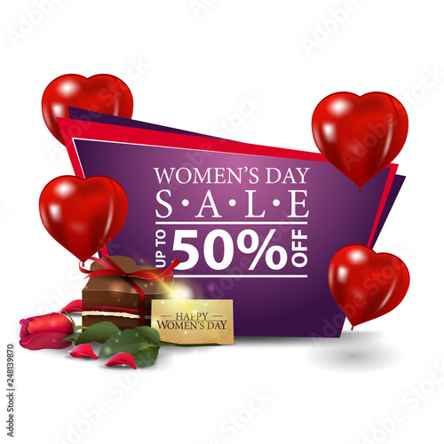 Women's day modern discount banner with heart-shaped balloons, candy and rose