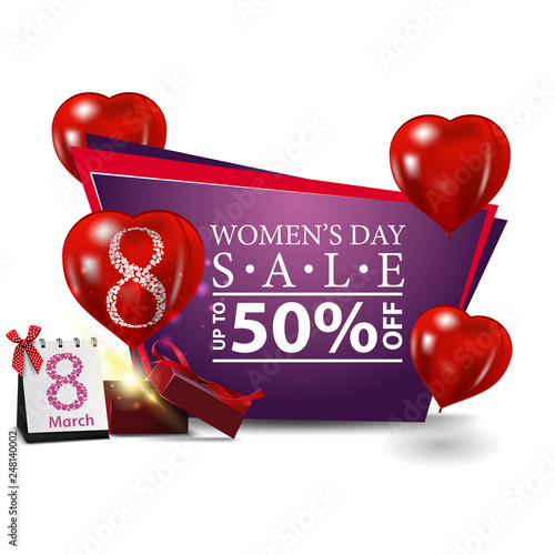 Women's day modern discount banner with heart-shaped balloons, gift and balloon