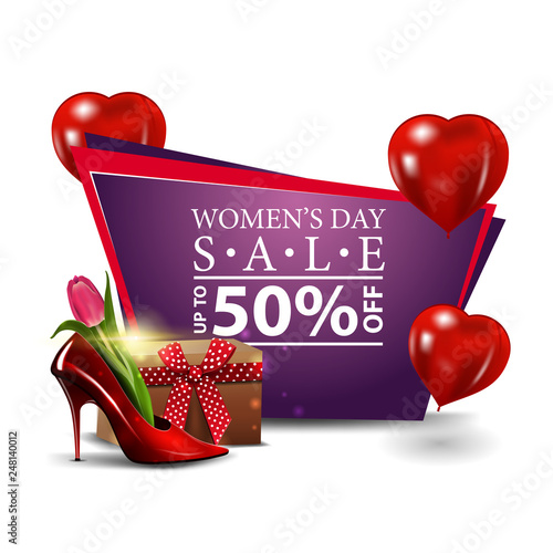 Women's day modern discount banner with heart-shaped balloons, women's Shoe with tulips inside