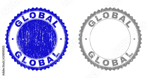 Grunge GLOBAL stamp seals isolated on a white background. Rosette seals with grunge texture in blue and grey colors. Vector rubber stamp imprint of GLOBAL title inside round rosette.