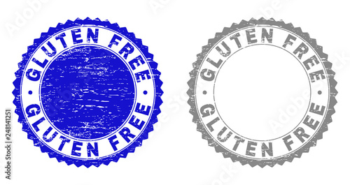 Grunge GLUTEN FREE stamp seals isolated on a white background. Rosette seals with grunge texture in blue and gray colors. Vector rubber stamp imitation of GLUTEN FREE caption inside round rosette.