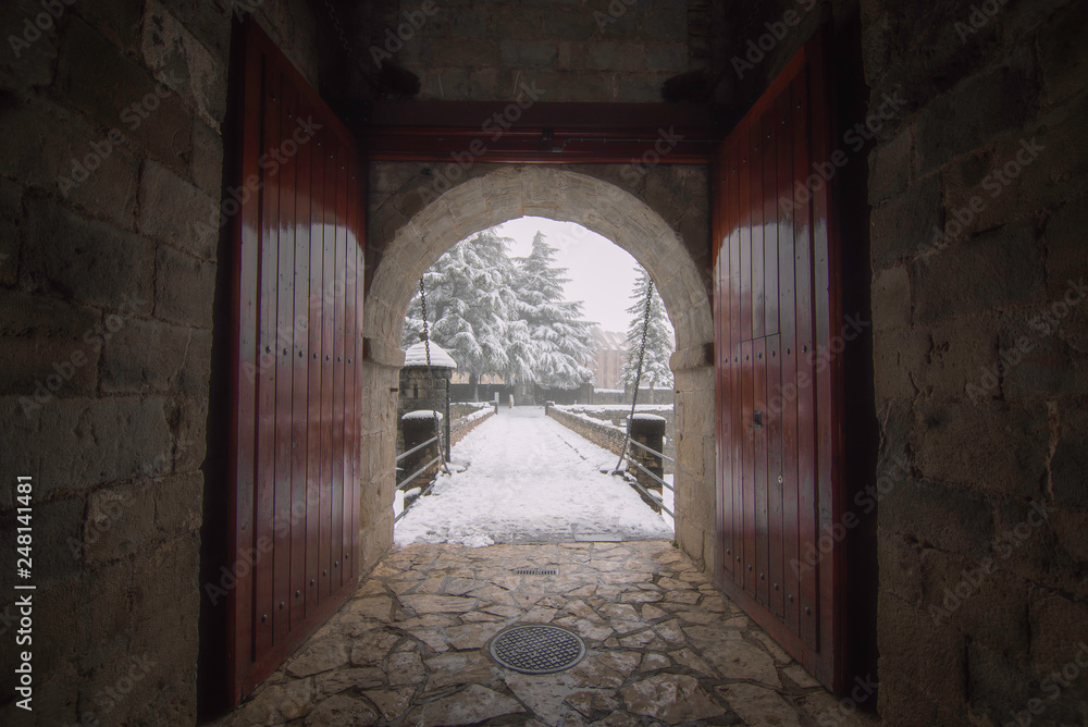 Entrance of the Citadel of Jaca on a snowy day