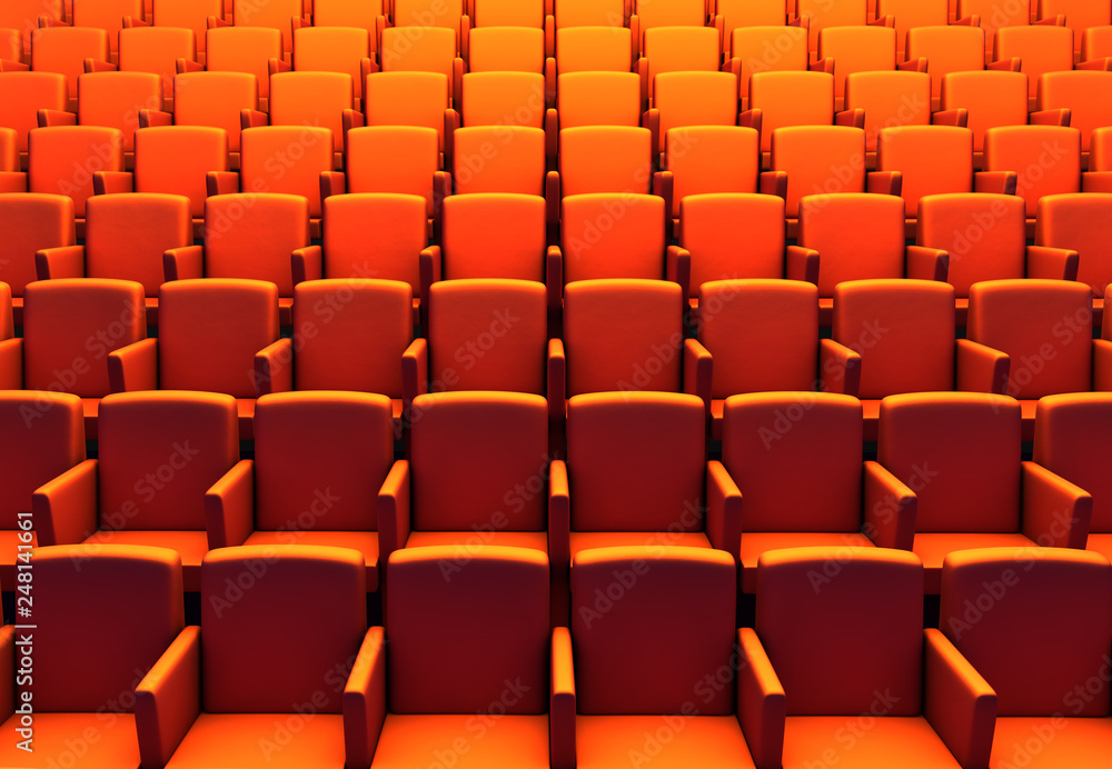 3d illustration of empty orange chairs in cinema theater 3d illustration of empty orange chairs in cinema theater