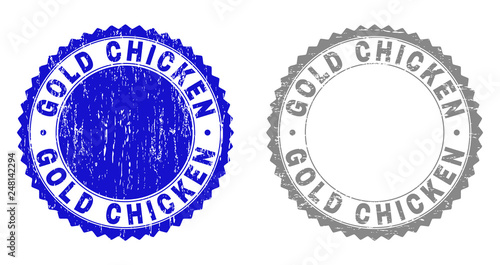 Grunge GOLD CHICKEN stamp seals isolated on a white background. Rosette seals with grunge texture in blue and gray colors. Vector rubber stamp imitation of GOLD CHICKEN tag inside round rosette.