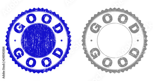 Grunge GOOD stamp seals isolated on a white background. Rosette seals with grunge texture in blue and gray colors. Vector rubber stamp imitation of GOOD text inside round rosette.