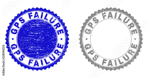Grunge GPS FAILURE stamp seals isolated on a white background. Rosette seals with grunge texture in blue and grey colors. Vector rubber stamp imitation of GPS FAILURE caption inside round rosette.