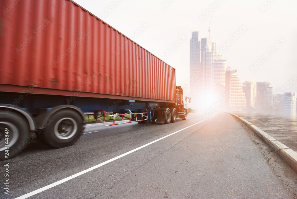 Truck run on road, Drive on road, transportation logistics concept Truck run on road, Drive on road, transportation logistics concept