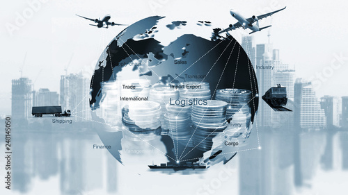 Abstract image of the world logistics, there are world map background and container truck, ship in port and airplane