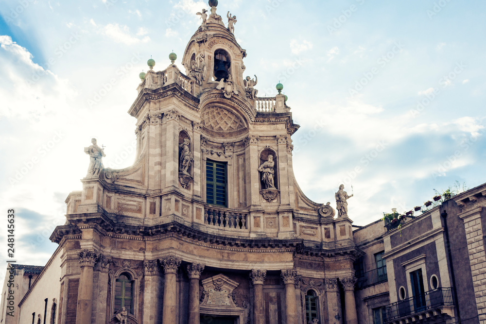 Beautiful cityscape of Italy, facade of old cathedral in Catania, Sicily, famouse baroque church.