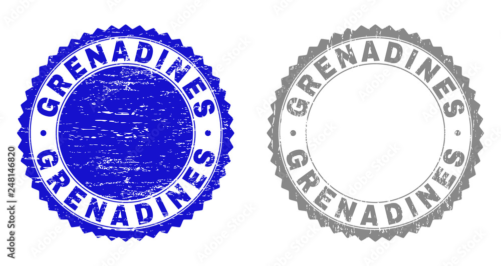 Grunge GRENADINES stamp seals isolated on a white background. Rosette seals with grunge texture in blue and gray colors. Vector rubber watermark of GRENADINES label inside round rosette.