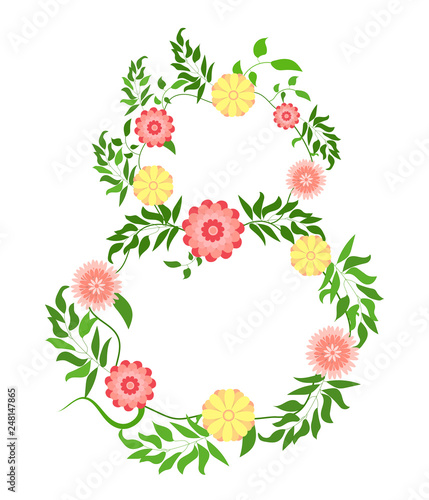 March 8. International Women Day. Bright colorful spring flowers. Beautiful wreath of flowers and leaves. Perfect for wedding invitations, greeting cards, flyers, brochure, banner. Vector illustration