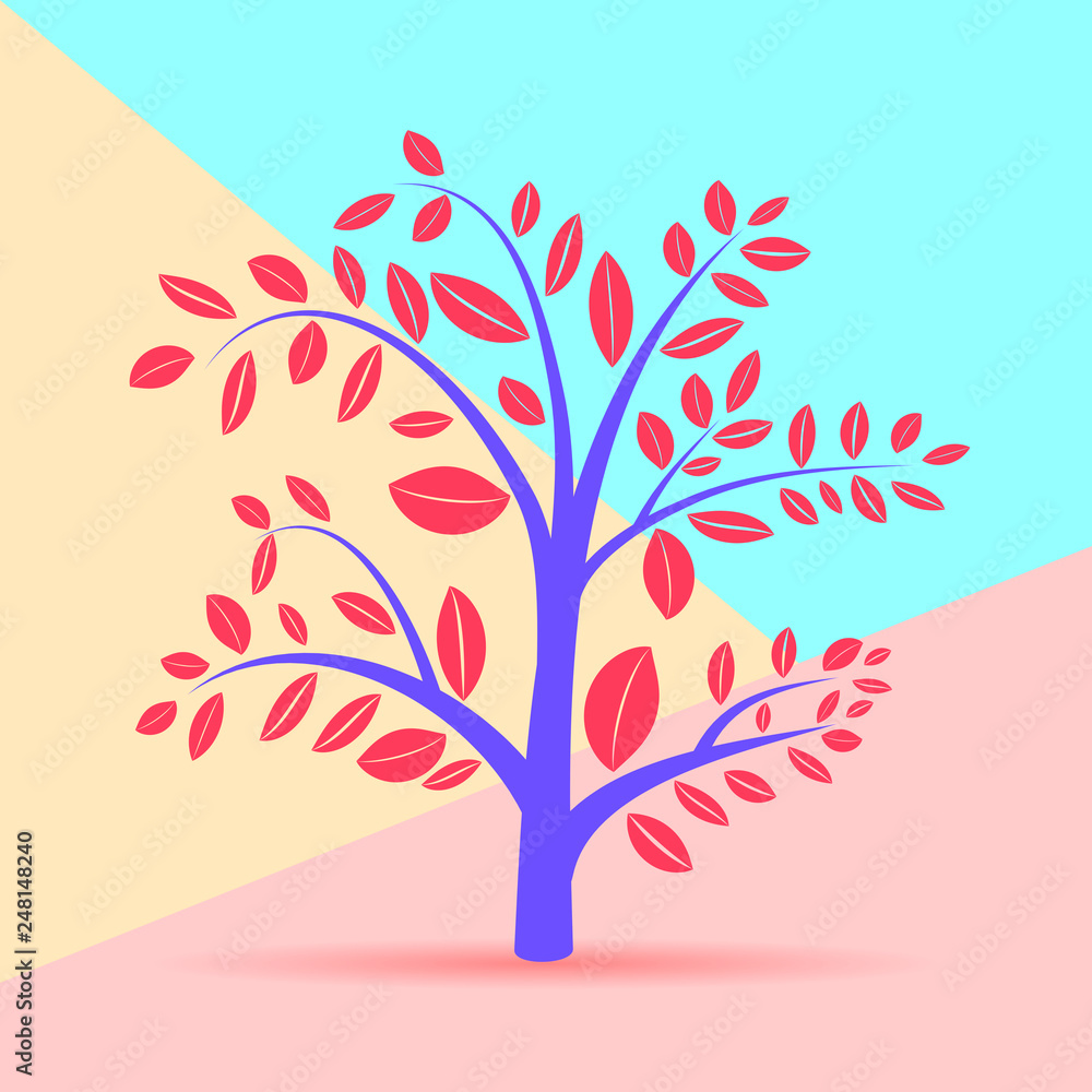 Obraz premium flat modern minimal abstract autumn tree silhouette illustration icon with shadow on blue and pink pastel colored background