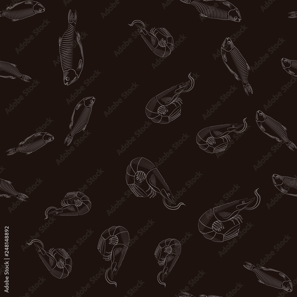 Fish and shrimp vector seamless pattern. Stylization by hand drawing