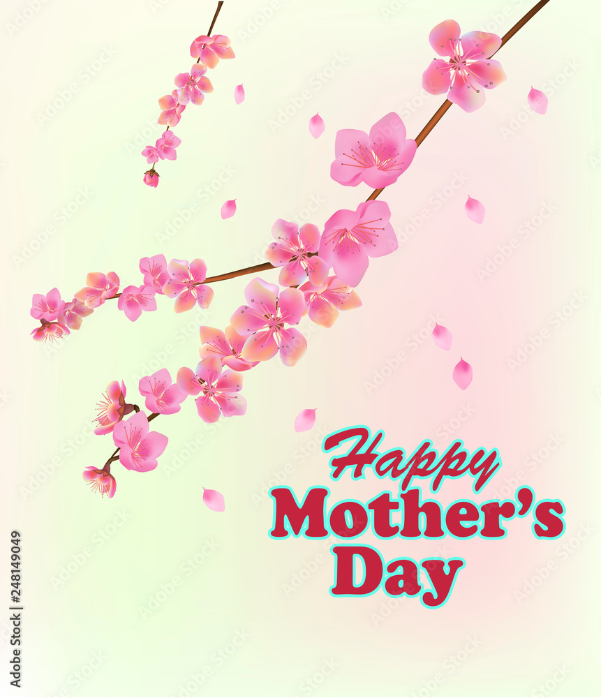 Mother's day card on a white background pink spring flowers on tree branches