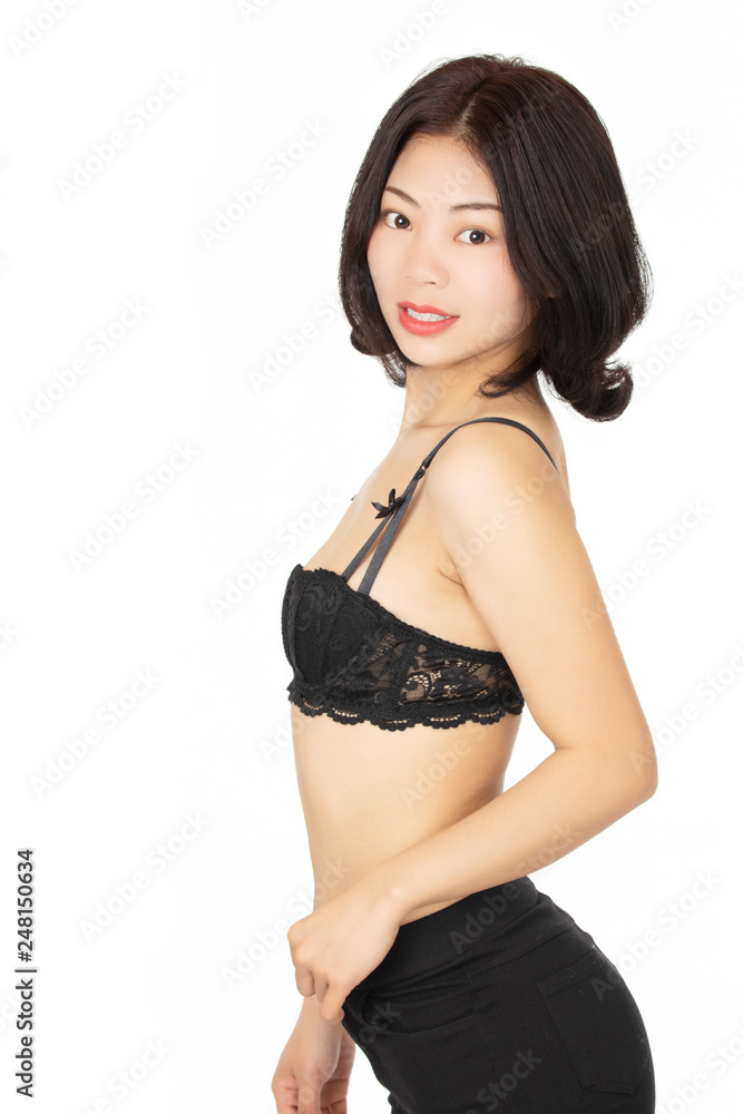 Chinese woman dressed in blue thong isolated on white background