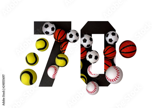 70 number seventy, graphic black digit and creative typography with colourful balls on white background, basketball, football, baseball, tennis.