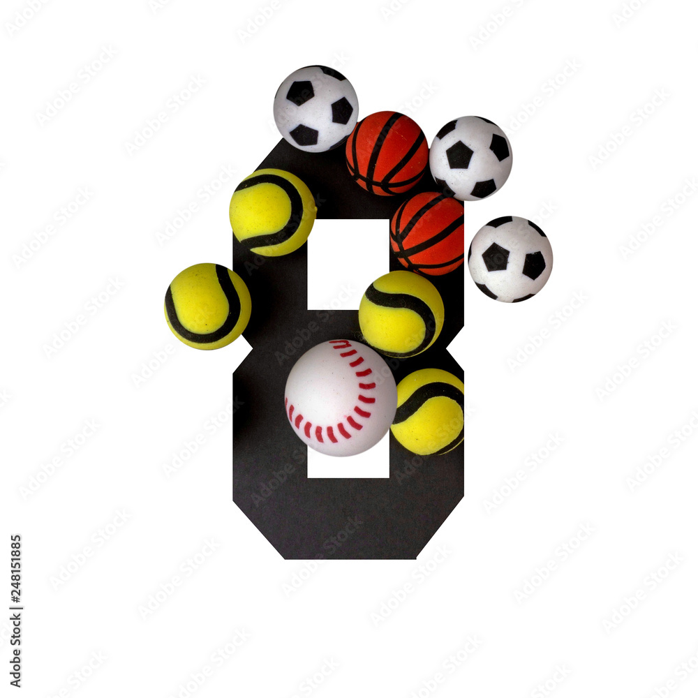 8 number eight, graphic black digit and creative typography with colourful balls on white background, basketball, football, baseball, tennis. 8 number eight, graphic black digit and creative typography with colourful balls on white background, basketball, football, baseball, tennis.
