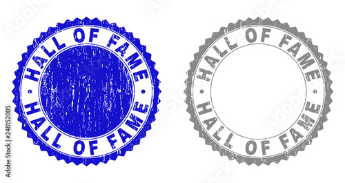 Grunge HALL OF FAME stamp seals isolated on a white background. Rosette seals with grunge texture in blue and grey colors. Vector rubber overlay of HALL OF FAME label inside round rosette.