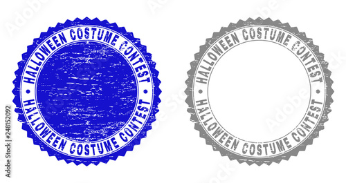 Grunge HALLOWEEN COSTUME CONTEST stamp seals isolated on a white background. Rosette seals with grunge texture in blue and gray colors.