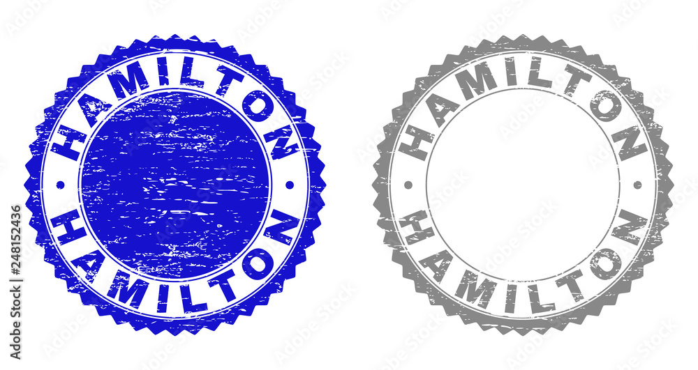 Grunge HAMILTON stamp seals isolated on a white background. Rosette seals with grunge texture in blue and grey colors. Vector rubber stamp imitation of HAMILTON tag inside round rosette. Grunge HAMILTON stamp seals isolated on a white background. Rosette seals with grunge texture in blue and grey colors. Vector rubber stamp imitation of HAMILTON tag inside round rosette.