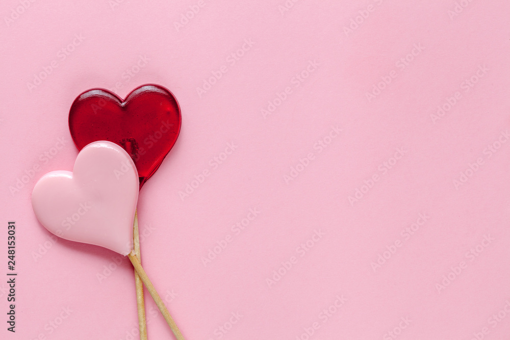 Valentine day background with hearts. Pink background. Top view Valentine day background with hearts. Pink background. Top view