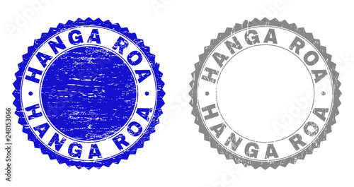 Grunge HANGA ROA stamp seals isolated on a white background. Rosette seals with distress texture in blue and gray colors. Vector rubber stamp imprint of HANGA ROA label inside round rosette.