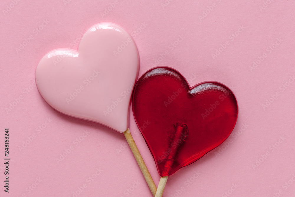 Valentine day background with hearts. Pink background. Top view