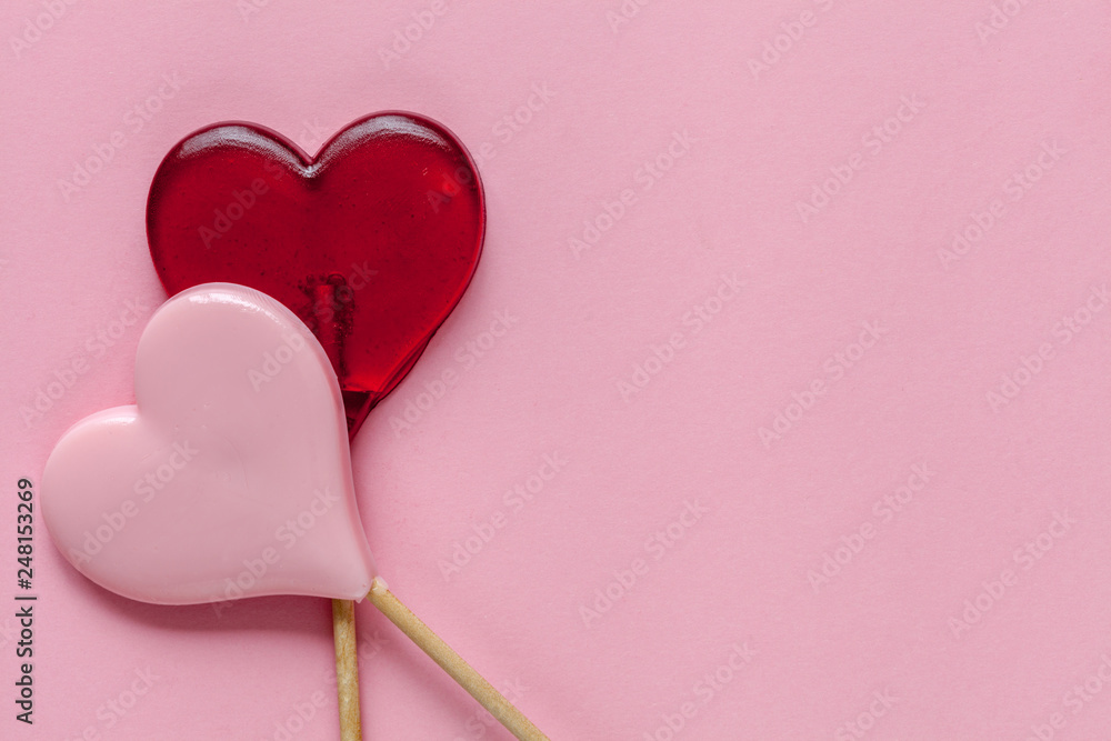Fototapeta premium Valentine day background with hearts. Pink background. Top view
