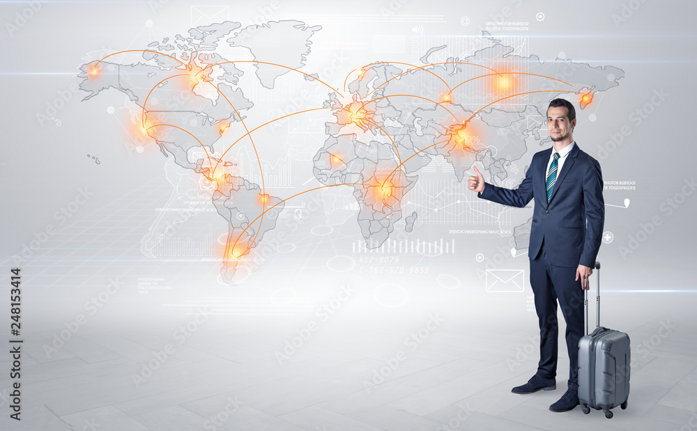 Businessman in dark suit hitchhike to business trip in a front of a map with destination Businessman in dark suit hitchhike to business trip in a front of a map with destination