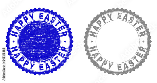 Grunge HAPPY EASTER stamp seals isolated on a white background. Rosette seals with grunge texture in blue and grey colors. Vector rubber stamp imprint of HAPPY EASTER label inside round rosette.