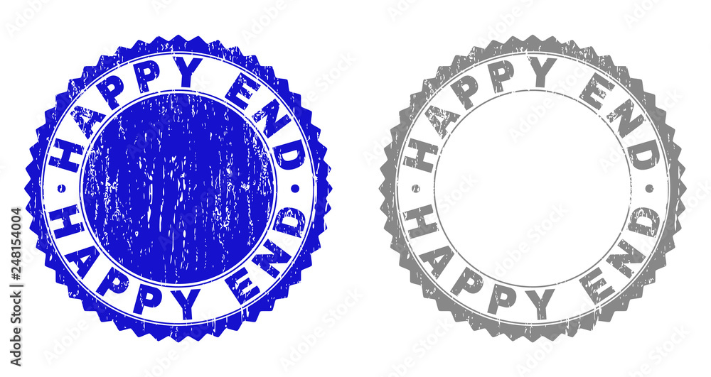 Obraz premium Grunge HAPPY END stamp seals isolated on a white background. Rosette seals with grunge texture in blue and grey colors. Vector rubber stamp imprint of HAPPY END caption inside round rosette.