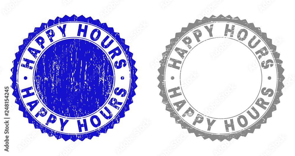 Grunge HAPPY HOURS stamp seals isolated on a white background. Rosette seals with distress texture in blue and gray colors. Vector rubber stamp imitation of HAPPY HOURS tag inside round rosette.