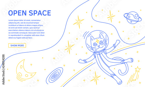 Open space landing page or banner concept. Flat line illustration with cat in space