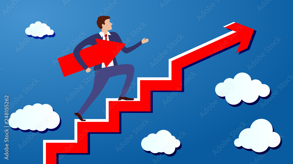 Businessman is walking up the stairs with an arrow pointing along his path under his arm. Concept of a charismatic man going to his intended goal. Businessman is walking up the stairs with an arrow pointing along his path under his arm. Concept of a charismatic man going to his intended goal.