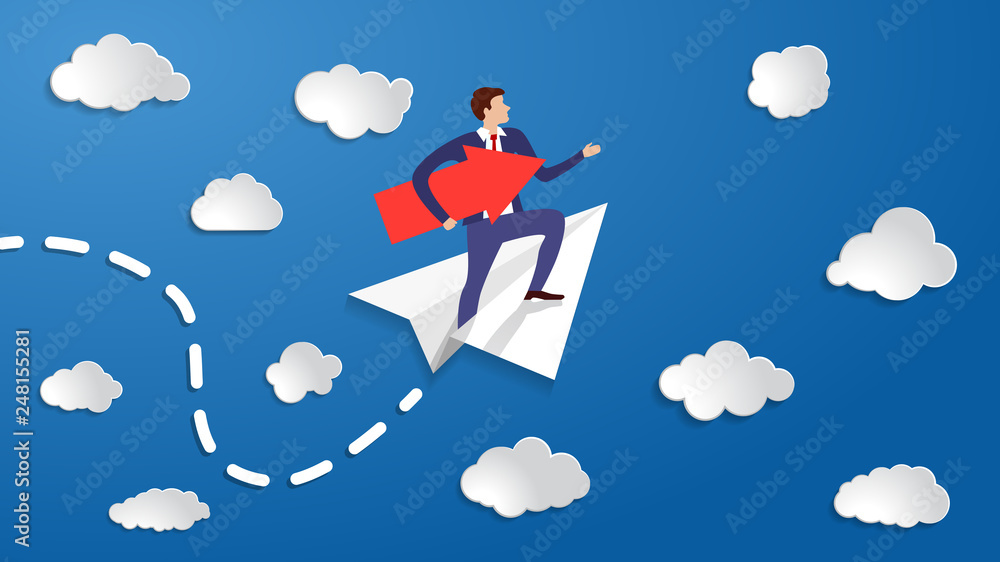 businessman flying in paper airplane with directional arrow along his way under arm to his goal. The concept of a charismatic man going to his pipe dream