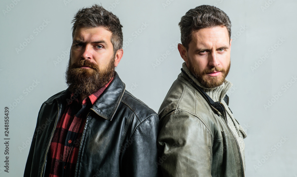 Feel confident in brutal leather clothes. Brutal men wear leather jackets.  Men brutal bearded hipster. Handsome stylish and cool. Masculine and brutal  friends. Bully team. Masculinity and brutality Stock Photo | Adobe